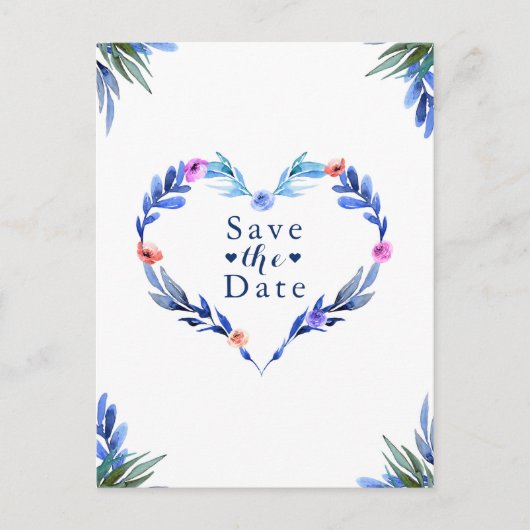 Helderblauwe Waterverf van het hart De datum opsla Aankondigingskaart (Voorkant)