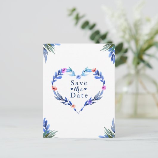Helderblauwe Waterverf van het hart De datum opsla Aankondigingskaart (Staand voorkant)