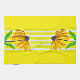 Helderblauwe Zonnebloem & Gele Gestreepte Decorati Theedoek