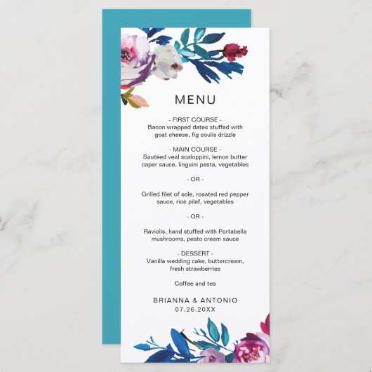 Helderbruin Blauwgroen roze Floral Modern Wedding Menu (Voorkant / Achterkant)