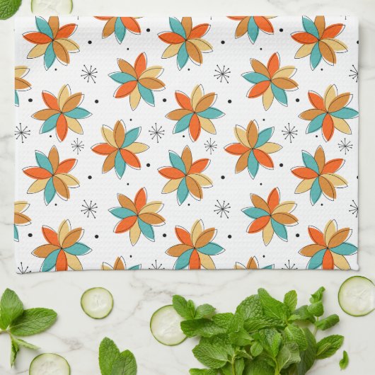 Heldere Abstracte bloemen Mid Century Pattern Theedoek (Gevouwen)