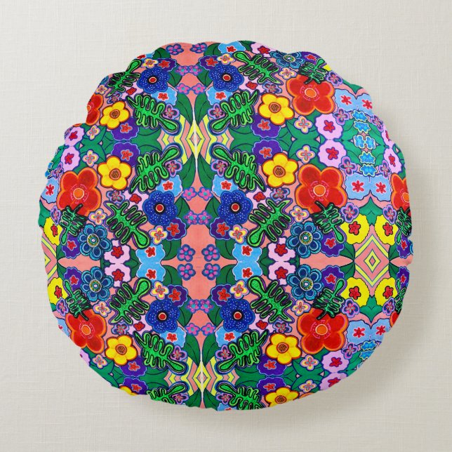 Heldere Abstracte bloemkunst Rond Kussen (Voorkant)