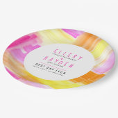 Heldere abstracte kunst roze gele perzik bruiloft papieren bordje (Gekanteld)