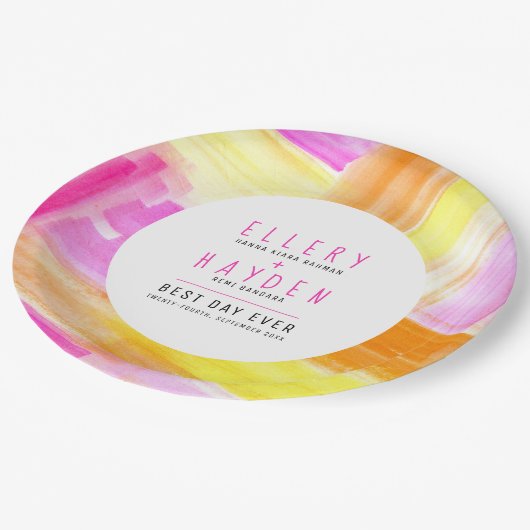 Heldere abstracte kunst roze gele perzik bruiloft papieren bordje (Gekanteld)