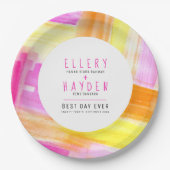 Heldere abstracte kunst roze gele perzik bruiloft papieren bordje (Voorkant)