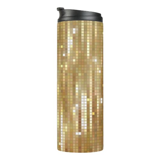 Heldere abstracte mozaïekgolden achtergrond met gl thermosbeker (Geroteerd rechts)