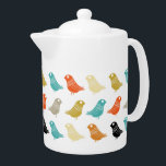 Heldere Abstracte vogels in het midden van de eeuw Theepot<br><div class="desc">Deze fantastische moderne theepot uit het midden van de eeuw beschikt over rijen heldere vogeltjes in de kleuren turquoise,  sinaasappel,  crème,  groen,  tan en zwart. Dit zal een kleurrijke aanvulling op uw keuken decor te maken!</div>