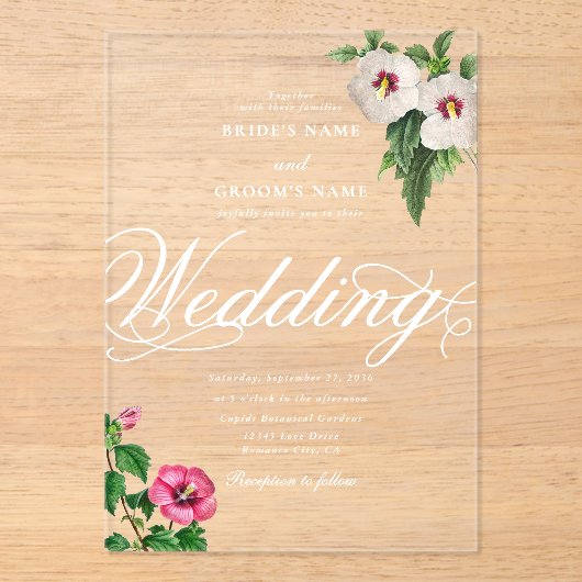 Heldere Acryl Tropische Hibiscus bruiloft Acryl Uitnodigingen (Voorkant)