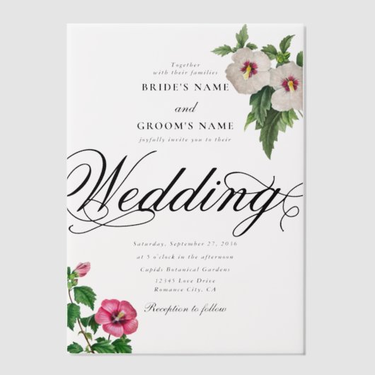 Heldere Acryl Tropische Hibiscus bruiloft Vellum Uitnodigingen (Voorkant)