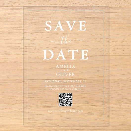 Heldere Acrylaat QR-code Moderne Trouwkaart 'Save Acryl Uitnodigingen (Voorkant)