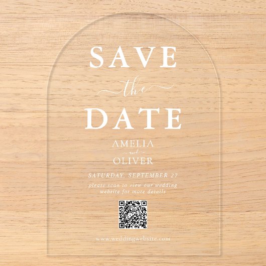 Heldere Acrylaat QR-code Trouw Save the Date Boog Acryl Uitnodigingen (Voorkant)