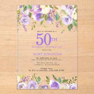 HELDERE ACRYLIC Paarse Bloemen 50ste Verjaardagsfe Acryl Uitnodigingen