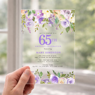 HELDERE ACRYLIC Paarse Bloemen 65e Verjaardagsfees Acryl Uitnodigingen