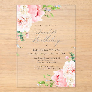 HELDERE ACRYLIC Sweet 16 Roze Pioen Bloemen Acryl Uitnodigingen