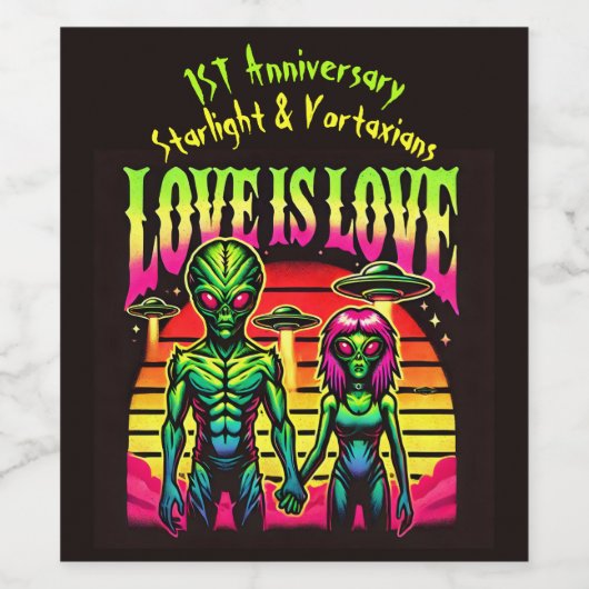 Heldere aliens in liefde onder de hemel wijn etiket (Enkel label)
