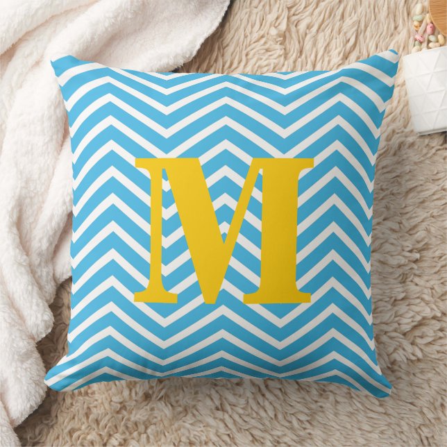 Heldere Aqua en wit met geel monogram Zig Zag Kussen (Deken)