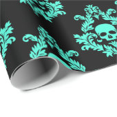 heldere aqua Skull damask op zwart inpakpapier (Rol Hoek)