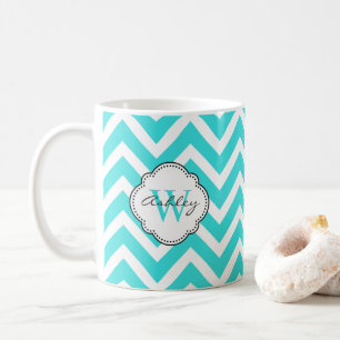 Heldere Aquamarijn Chevron Stripes met Monogram Koffiemok