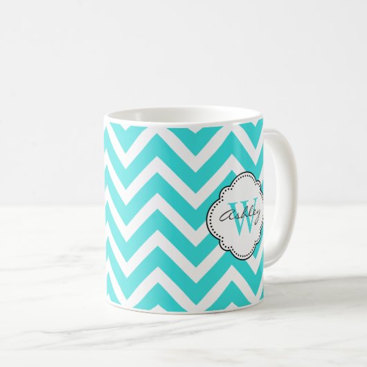 Heldere Aquamarijn Chevron Stripes met Monogram Koffiemok (Voorkant rechts)