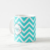 Heldere Aquamarijn Chevron Stripes met Monogram Koffiemok (Voorkant links)