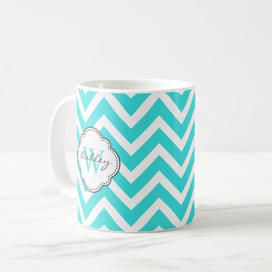 Heldere Aquamarijn Chevron Stripes met Monogram Koffiemok (Voorkant links)