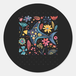 Heldere artistieke illustratie van vissen met bloe ronde sticker