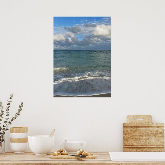 Heldere blauwe oceaan, strand en hemel poster (Keuken)