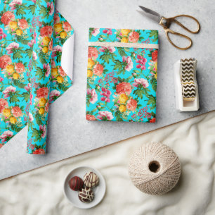 HELDERE  BLOEMEN BLOEIEN OP AQUA CADEAUPAPIER