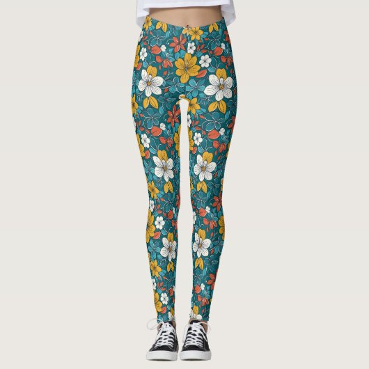Heldere bloemen, donkere achtergrond leggings (Voorkant)
