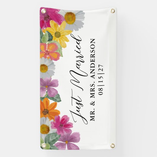 Heldere bloemen net getrouwd auto banner (Verticaal)