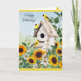 Heldere bloemenzonnebloemen en vogels verjaardagsk bedankkaart