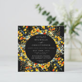 Heldere bloemenzwarte vierkante bruiloft kaart (Staand voorkant)