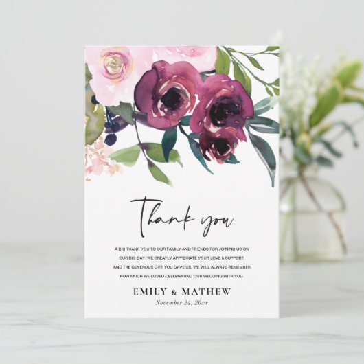 HELDERE BLUSH BOURGONDISCHE WATERVERF BLOEMENTROS BEDANKKAART (Staand voorkant)