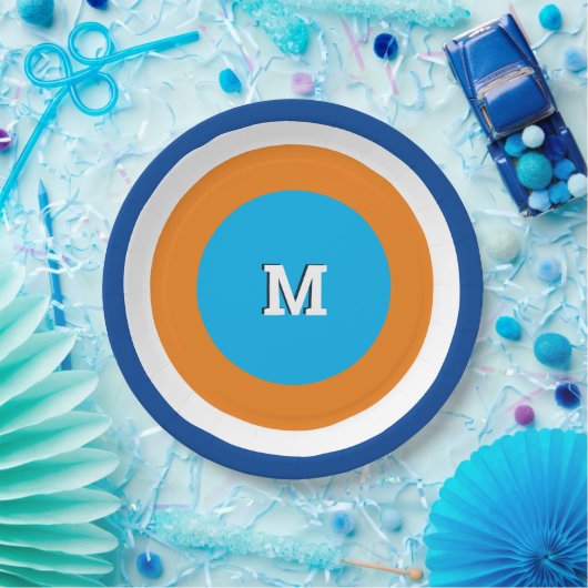 Heldere concentrische cirkels monogrammed geometri papieren bordje (Feest)