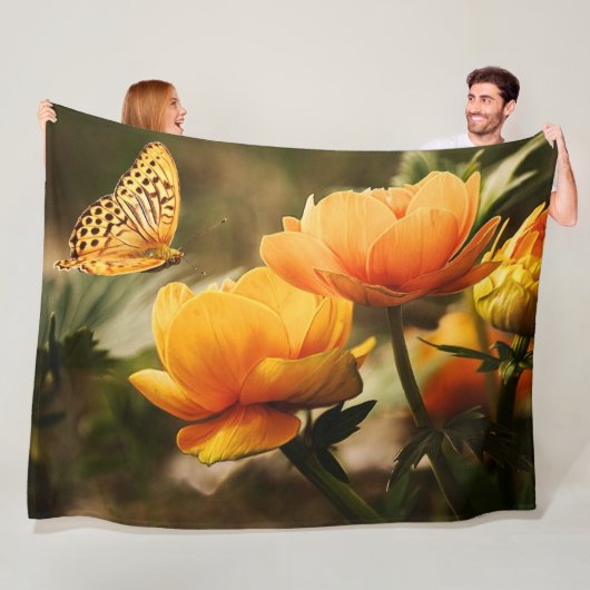 Heldere Deep Yellow Bloemen met Vlinder Fleece Deken (In situ)