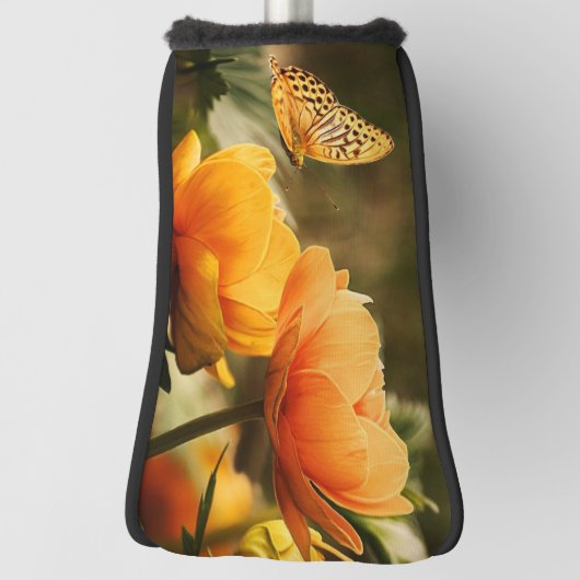 Heldere Deep Yellow Bloemen met Vlinder Golfheadcover (Draai 90)