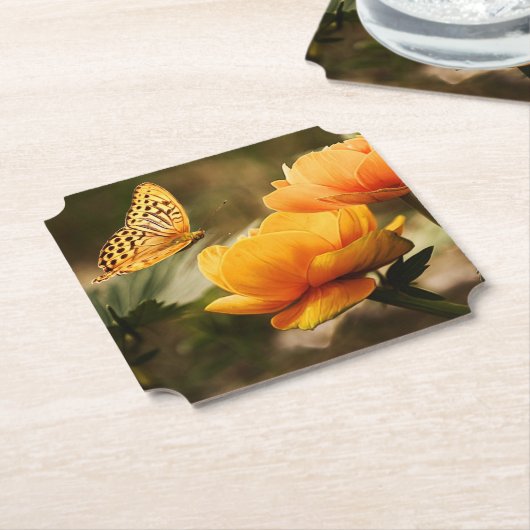 Heldere Deep Yellow Bloemen met Vlinder Kartonnen Onderzetters (Gekanteld)