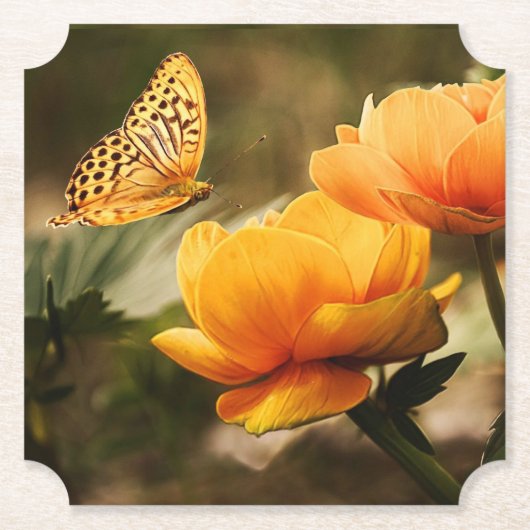 Heldere Deep Yellow Bloemen met Vlinder Kartonnen Onderzetters (Voorkant)