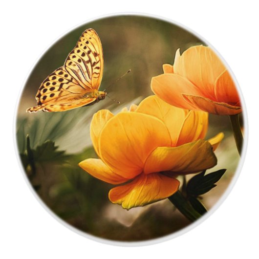 Heldere Deep Yellow Bloemen met Vlinder Keramische Knop (Voorkant)