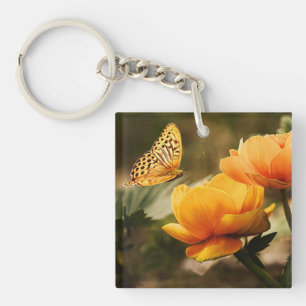 Heldere Deep Yellow Bloemen met Vlinder Sleutelhanger
