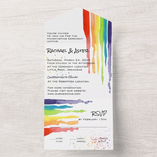 Heldere Druppelende Regenboog LGBTQ Handfasting We All In One Uitnodiging (Binnen)