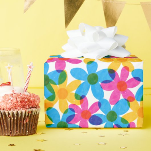 Heldere en gedurfde Hippie Bloemen Retro Bloemen Cadeaupapier (Verjaardagsfeest)