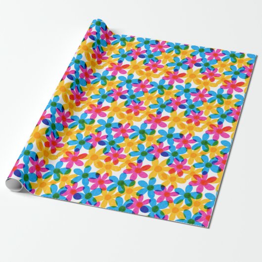 Heldere en gedurfde Hippie Bloemen Retro Bloemen Cadeaupapier (Uitgerold)