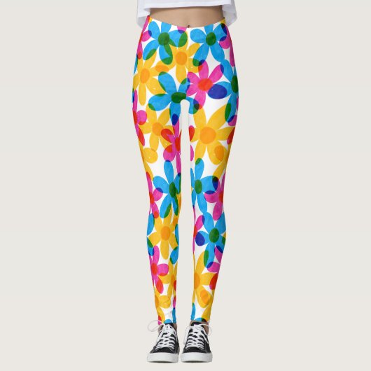 Heldere en gedurfde Hippie Bloemen Retro Bloemen Leggings (Voorkant)