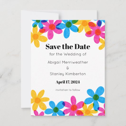 Heldere en gedurfde hippie bloemen slaan de datum kaart (Voorkant)