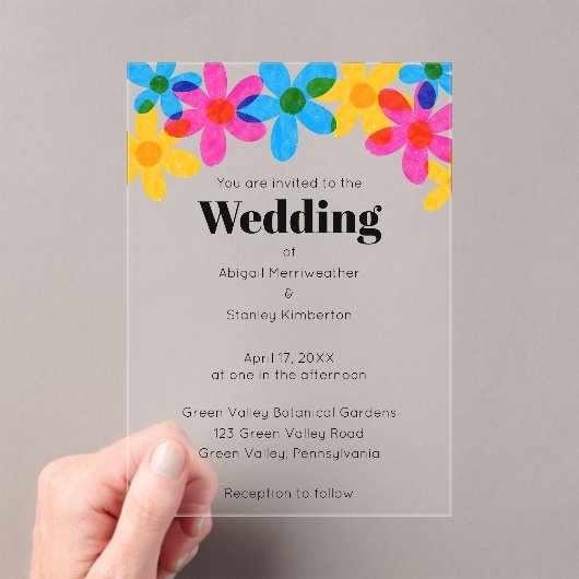 Heldere en gedurfde Hippie Bloemen Spring Wedding Acryl Uitnodigingen (Insitu (Draagbaar))
