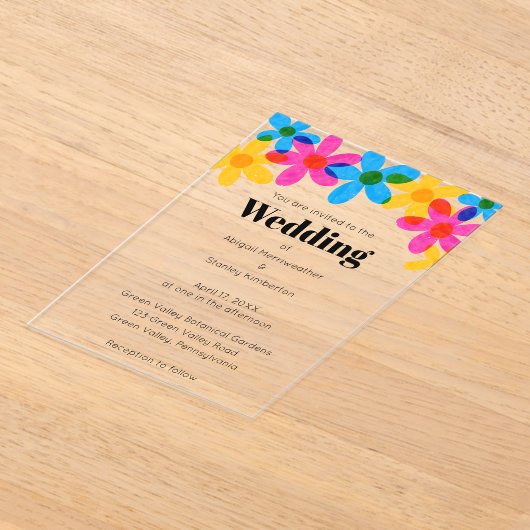 Heldere en gedurfde Hippie Bloemen Spring Wedding Acryl Uitnodigingen (Laagn)