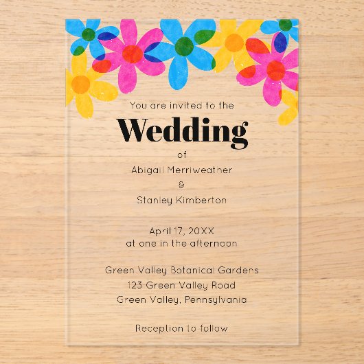 Heldere en gedurfde Hippie Bloemen Spring Wedding Acryl Uitnodigingen (Voorkant)