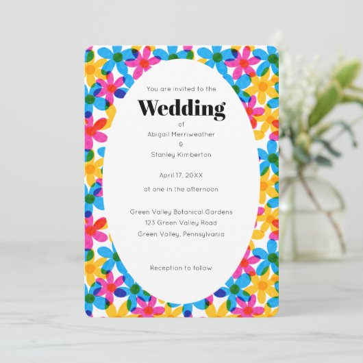 Heldere en gedurfde Hippie Bloemen Spring Wedding Kaart (Staand voorkant)