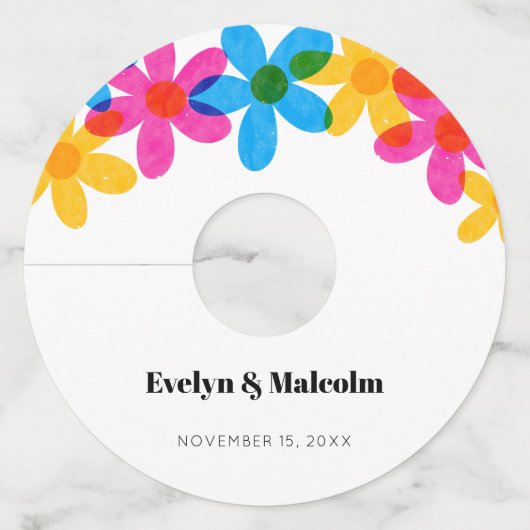 Heldere en gedurfde Hippie Bloemen Spring Wedding Wijnglaslabel (Voorkant)